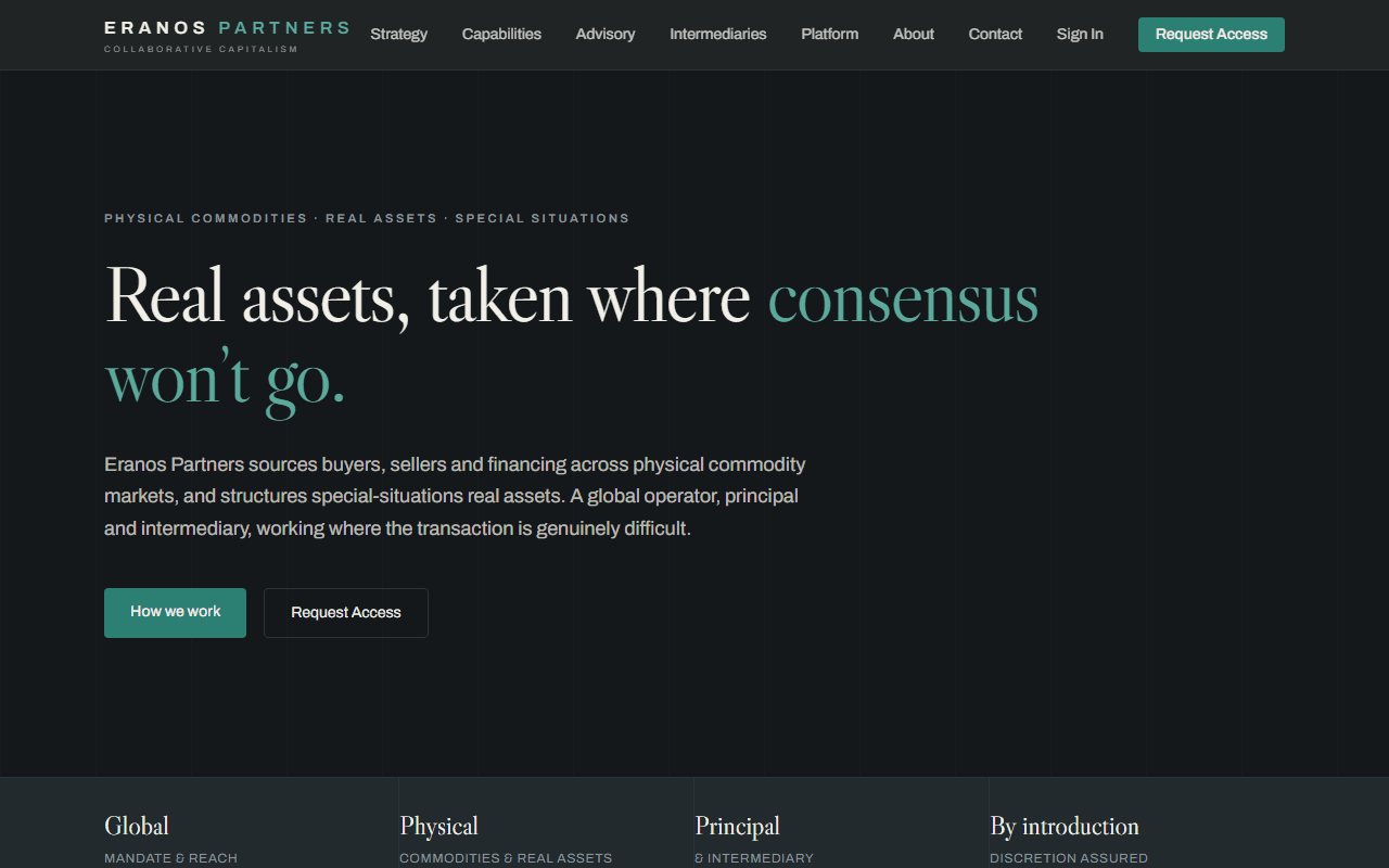The Eranos Partners site, showing the commodities and real assets proposition.