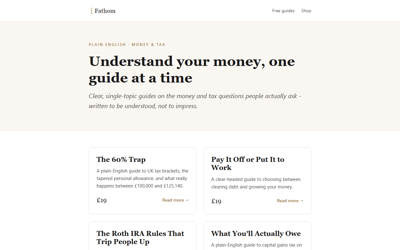 The Fathom storefront, showing plain-English money and tax guides listed with their prices.