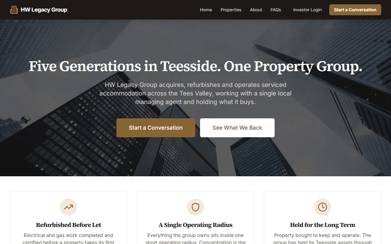 The HW Legacy Group site, showing the serviced accommodation proposition and an investor login.