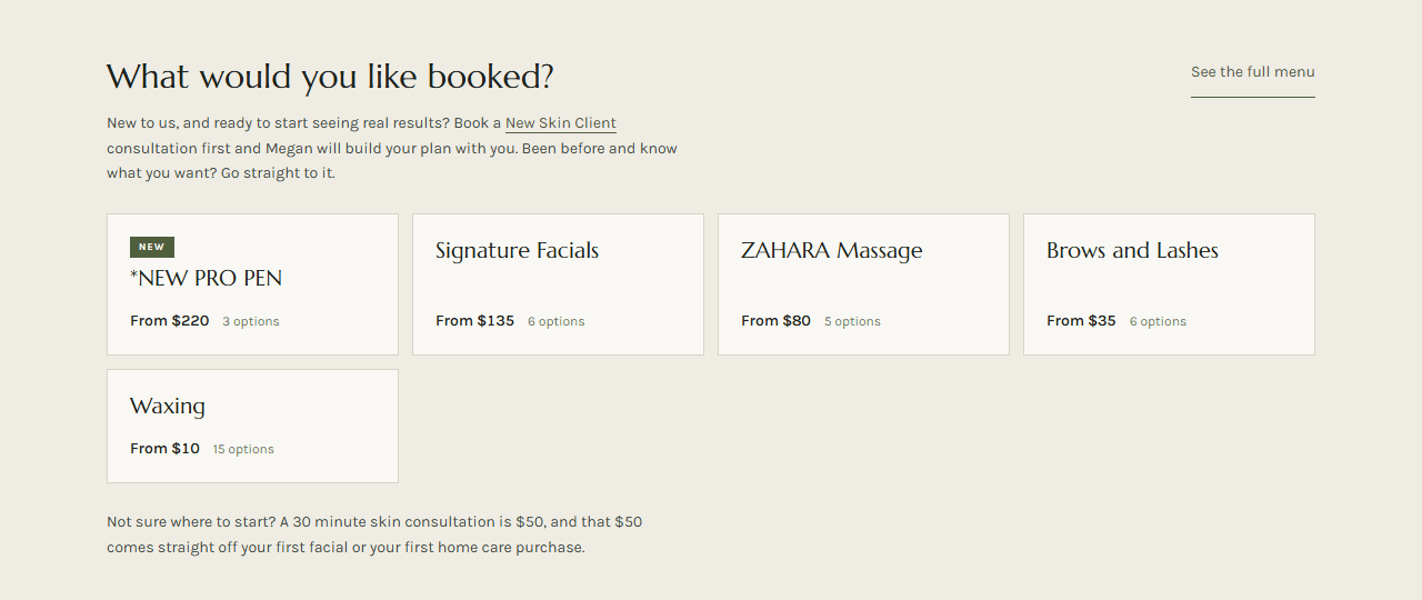 The ZAHARA booking section, showing treatment categories each leading straight to a booking.
